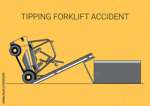 Tipping forklift accident. Flat line vector design of forklift with the operator and load.