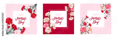 Set of square cards with carnation: red, white, pink flowers, gypsophile twigs on rectangular background. Templates for Mother's Day, Victory Day. Realistic illustration in watercolor style, vector