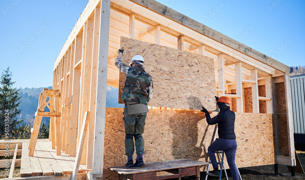 Carpenters mounting wooden OSB board on the wall of future cottage. Men workers building wooden frame house on pile foundation. Carpentry and construction concept. Carpenters mounting wooden OSB board on the wall of future cottage. Men workers building wooden frame house on pile foundation. Carpentry and construction concept.