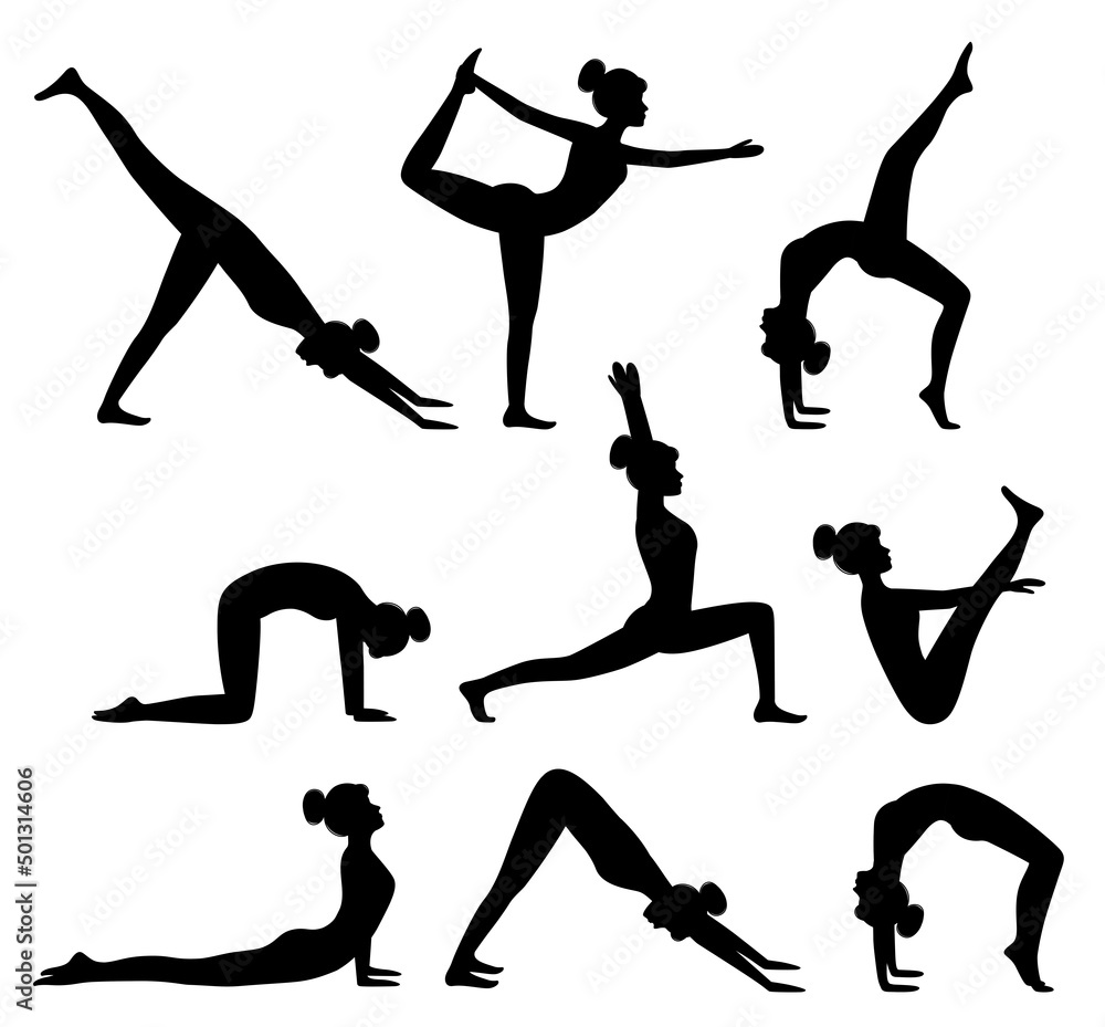 Set Of Silhouettes Of Yoga Postures Woman Doing Yoga And Pilates Exercises Healthy Lifestyle Workout Vector Illustration Stock ベクター Adobe Stock