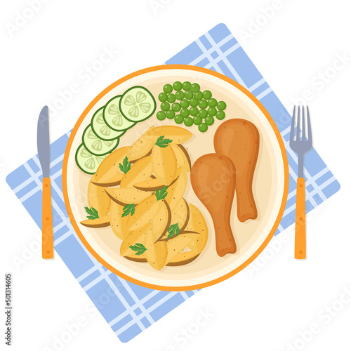 Plate of baked potatoes with fried chicken drumsticks, green peas and cucumber. Vector illustration
