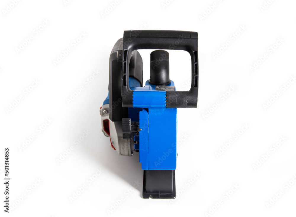 Powerful electric wall chaser for recessing in walls with two diamond blades for reinforced concrete. White background, isolate. Installer's power tool, close-up Powerful electric wall chaser for recessing in walls with two diamond blades for reinforced concrete. White background, isolate. Installer's power tool, close-up