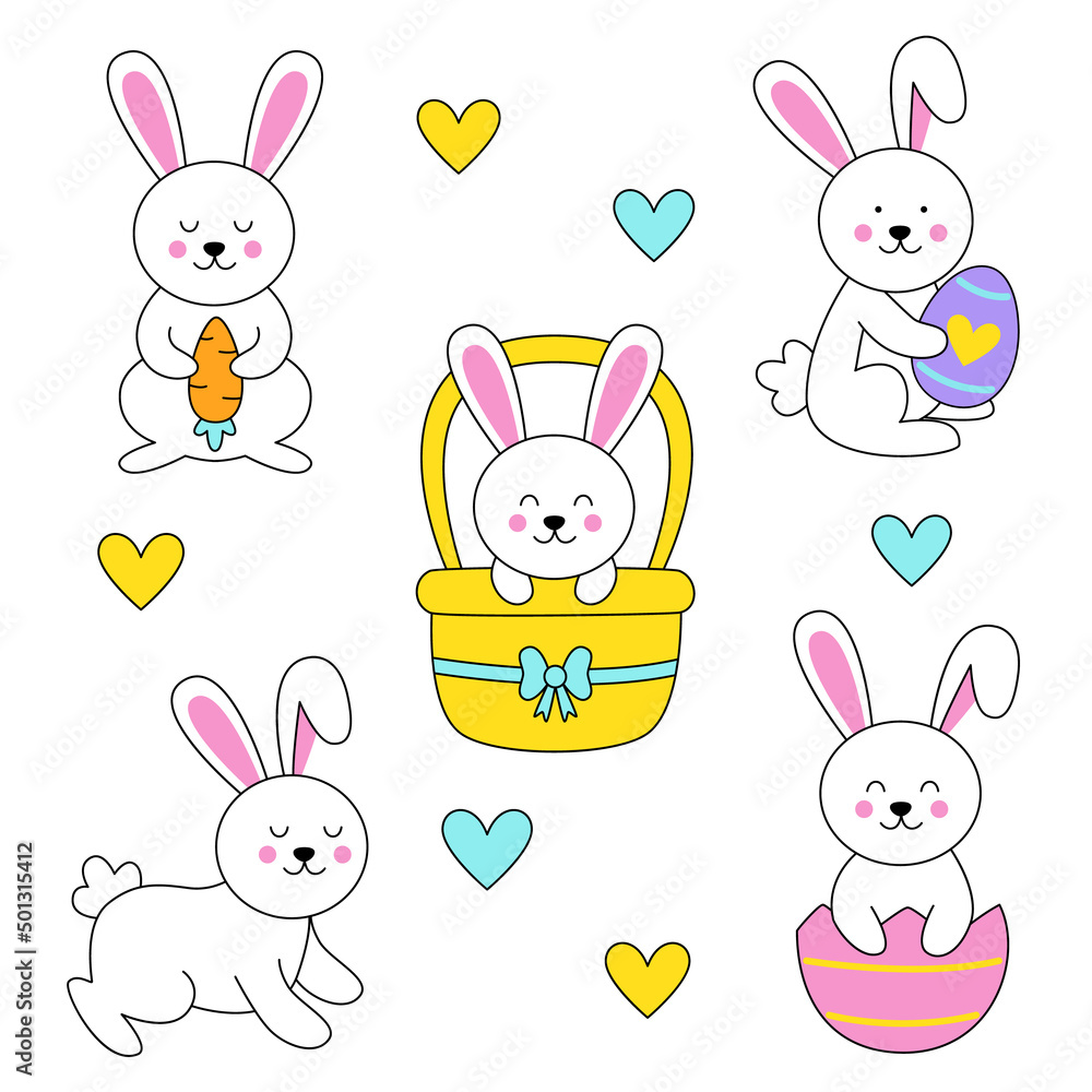 Fototapeta premium Cute Easter rabbits on white background in cartoon style.