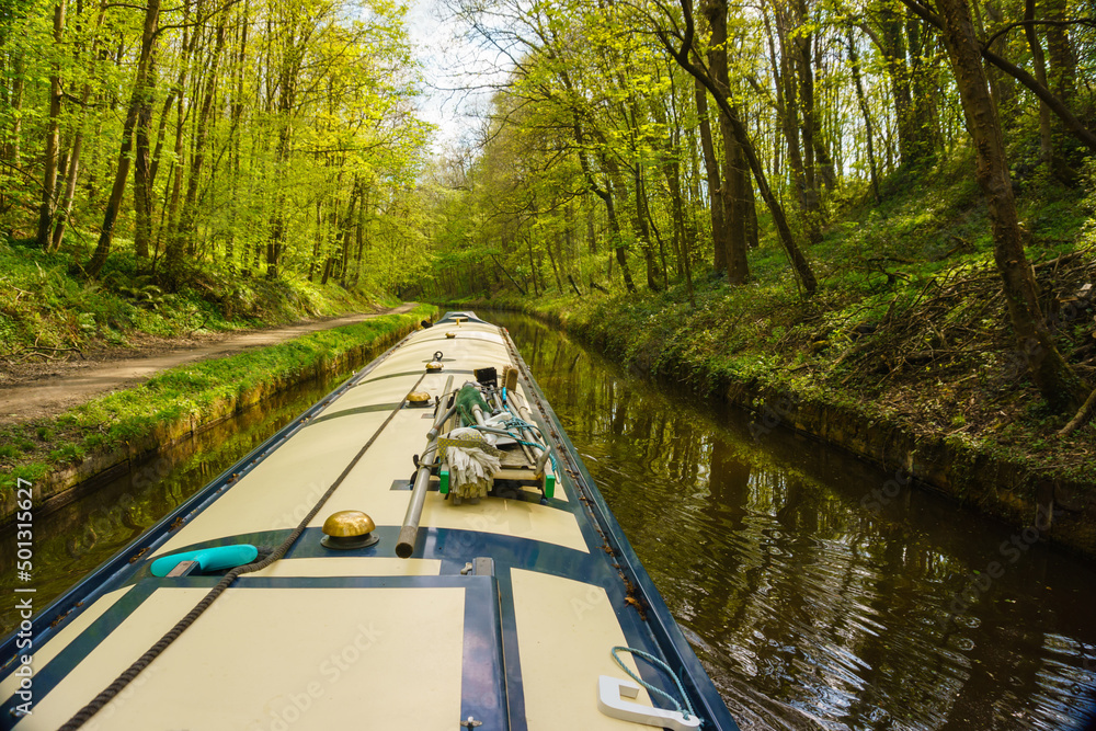 Onboard a narrowboat on the Llangollen canal near Chirk North Wales an idyllic vacation getaway and alternative lifestyle on the waterway network in the United Kingdom