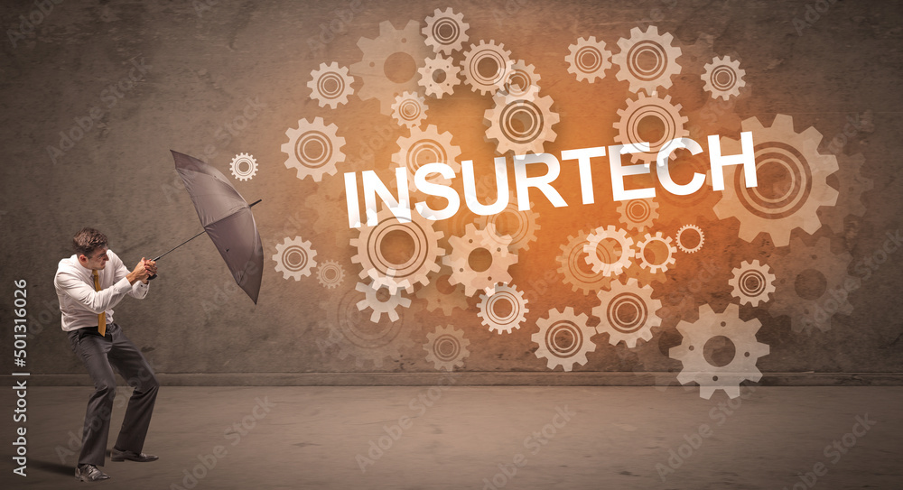 Businessman defending with umbrella concept Businessman defending with umbrella concept