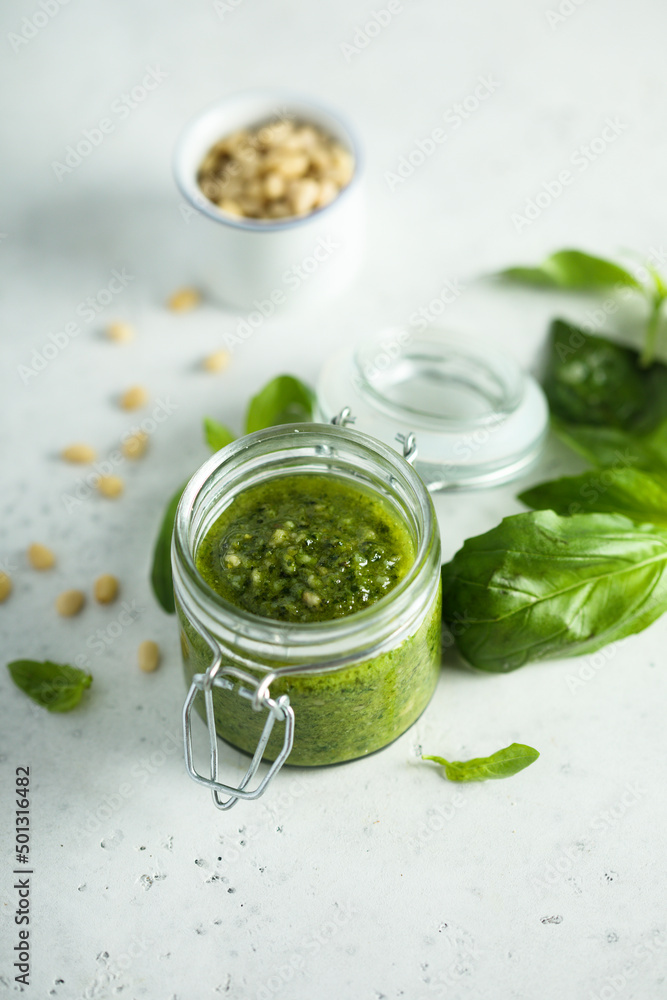 Traditional homemade pesto sauce, canned Traditional homemade pesto sauce, canned