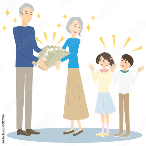 孫に生前贈与をする笑顔のシニア夫婦