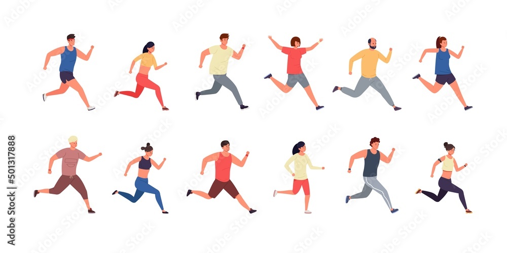 Running people. Cartoon athlete and runner men and women wearing sport clothes, jogging and running marathon. Vector isolated set