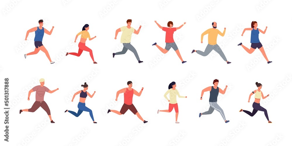 Running people. Cartoon athlete and runner men and women wearing sport clothes, jogging and running marathon. Vector isolated set Running people. Cartoon athlete and runner men and women wearing sport clothes, jogging and running marathon. Vector isolated set