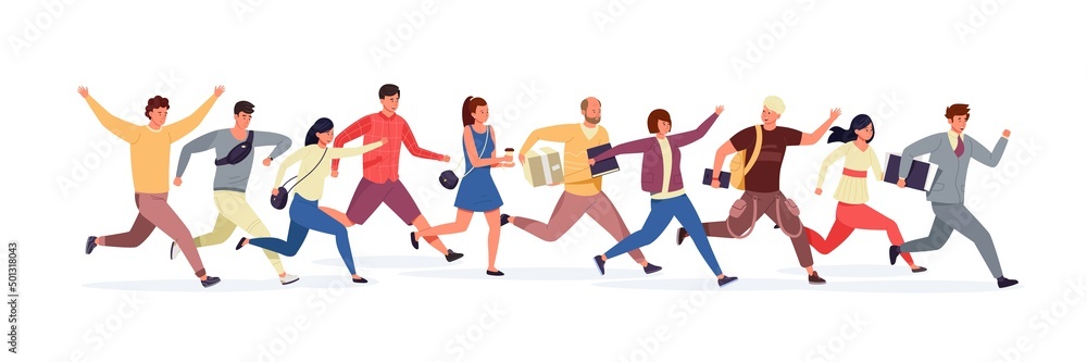 Persons in rush. Cartoon characters in modern clothes hurrying and running together. Vector illustration