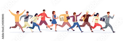 Persons in rush. Cartoon characters in modern clothes hurrying and running together. Vector illustration