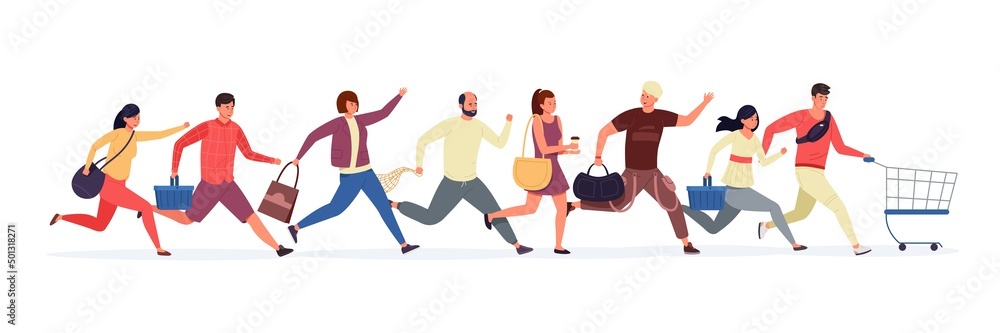 Running shopping people. Cartoon characters with shopping cart and basket, shopping bag. Vector illustration