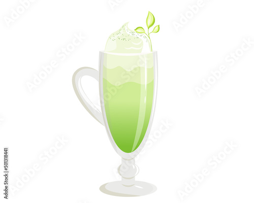 Matcha latte tea, a vegetarian organic drink with foam, in a tall glass glass.A design element for menus, cafes and web advertising.