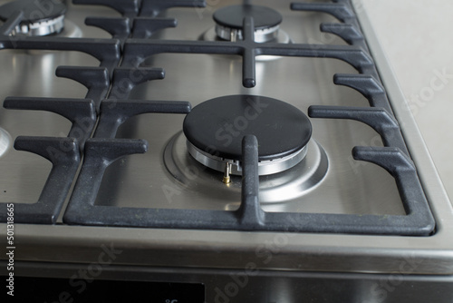 Tableau sur toile modern gas oven top view. Gas stove burners. Steel gas oven.