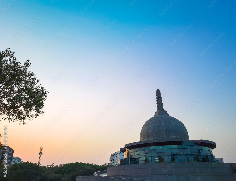 buddha stupa with bright colorful evening sky at dusk from different angle buddha stupa with bright colorful evening sky at dusk from different angle