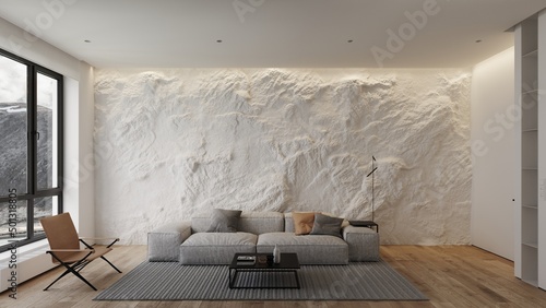 Fotografía 3d rendering of living room with stone wall and view to mountains