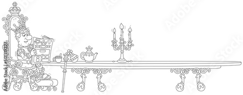 King in a golden crown and solemn royal attire sitting on his throne and reading a latest newspaper at a large table with tea in a throne-room of a palace, black and white vector cartoon
