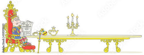 King in a golden crown and solemn royal attire sitting on his throne and reading a latest newspaper at a large table with tea in a throne-room of a palace, vector cartoon illustration