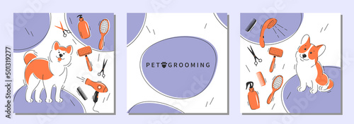 Pet grooming. Set of design for pet care salon. Cartoon dogs character with different tools for animal hair grooming. Vector illustration