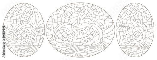 A set of contour illustrations in the style of a stained glass window with dolphins on a landscape background, dark contours on a white background