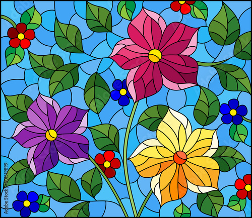 Illustration in the style of a stained glass window with a floral arrangement on a blue background, rectangular image