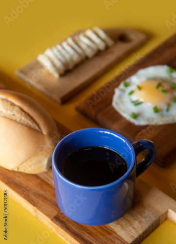 Breakfast - Healthy - Banana, Cheese, Eggs, Bread, Coffee - Yellow Background - serie 
