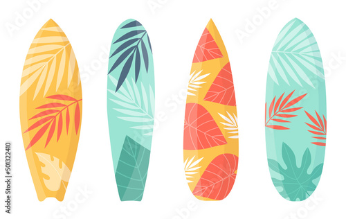 Cartoon surfing board collection for surf on wave