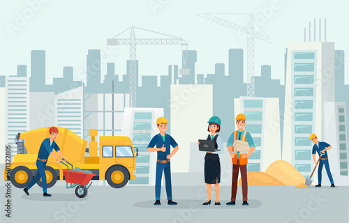 Construction team on site, builder, architect and contractor