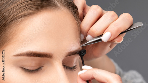 Makeup artist plucks eyebrows in a beauty salon. Professional make-up and cosmetic skin care.