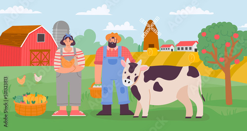 Farm life, people woman man with cow