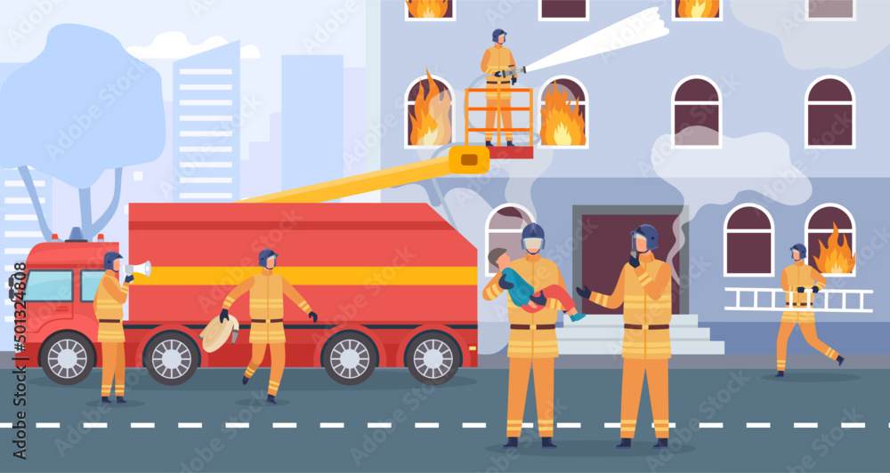 Naklejka premium Flat fire emergency vector concept, firefighter and truck