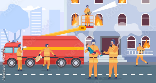 Flat fire emergency vector concept, firefighter and truck