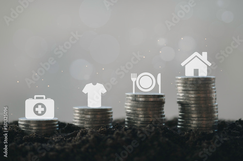 Step of coins stacks growing with food, Clothing, housing, medicine, four basic human needs icon, investment and retirement or education, Business Finance and Money concept.
