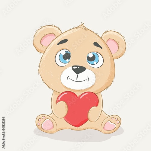 Cute baby bear with a heart. Greeting card with bear cub. Cartoon vector illustration.