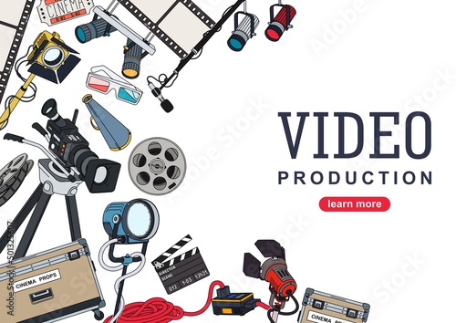Video production. Background design with a set of equipment and tools for the film making and video contents creation. Vector illustration