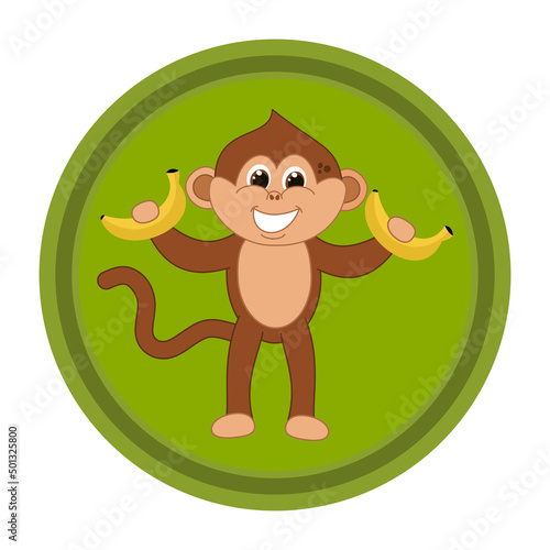 Smiling brown monkey with brown eyes holding bananas in round icon