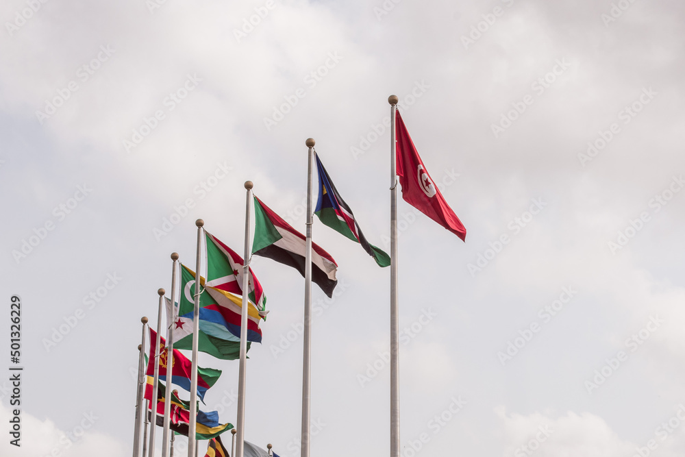 Flag of several nations seen at a park in  Lagos, NIGERIA, March 8 2022. Women from different NGOs hold a rally to mark International Women Day in Nigeria