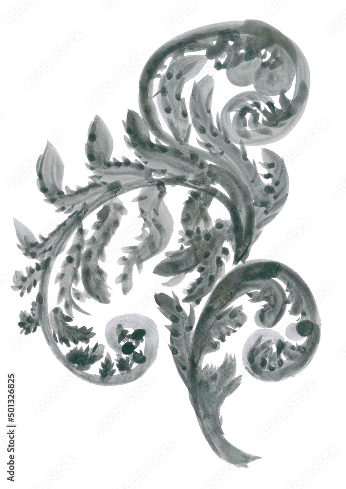 Fototapeta premium Stylized watercolor floral pattern in shades of gray for creative design of your favorite things. Delicate monochrome handmade wallpaper. Isolated image of a mythological plant for love and happiness.