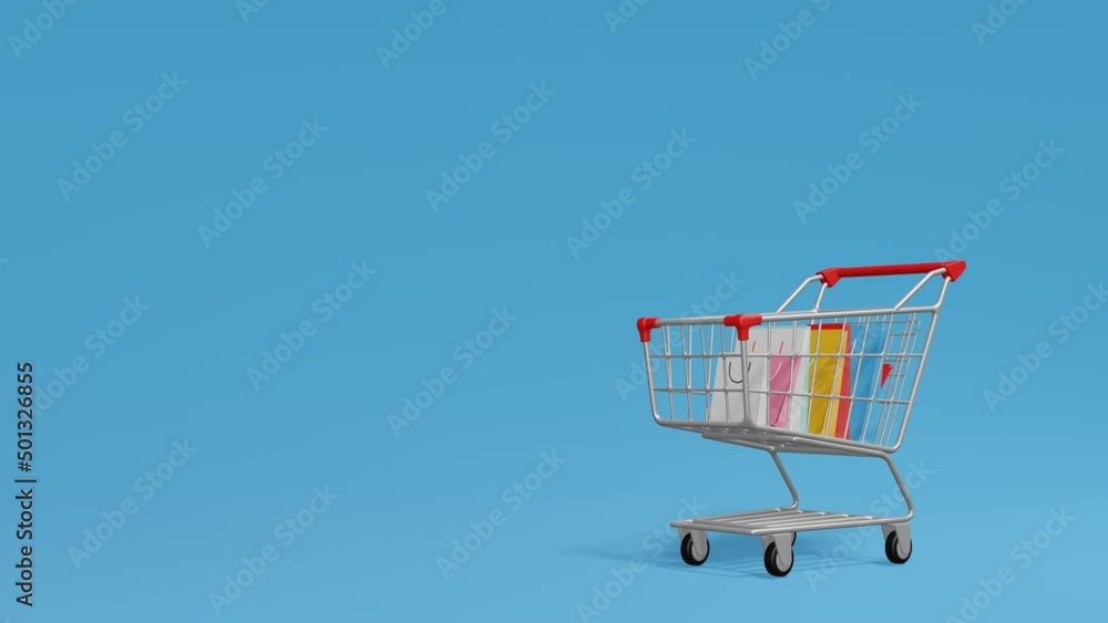 Realistic Shopping Cart Trolley Mock-Up slide into a scene and have a copy space on a yellow background for video edit. 3d Rendering 4k 60fps. Realistic Shopping Cart Trolley Mock-Up slide into a scene and have a copy space on a yellow background for video edit. 3d Rendering 4k 60fps.