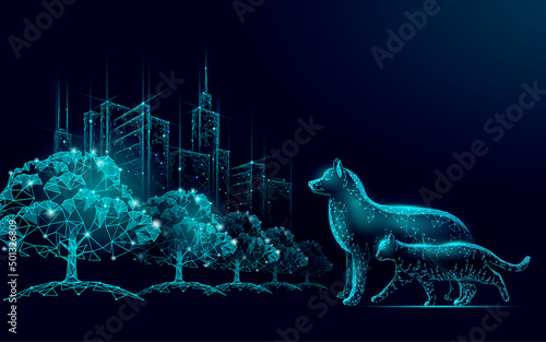 Homeless street animals in the city. Urban stray cat street dogs. Adopt a pet banner. 3D low poly city buildings park landscape vector illustration