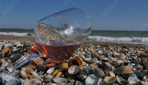 Proseco. Glasses with Proseco on a beach with seashells. Photography during the day