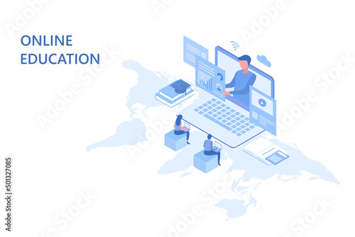 Online education and e-learning. People stay home and studying online with video conference during covid-19 coronavirus outbreak vector illustration. New normal global education vector illustration
