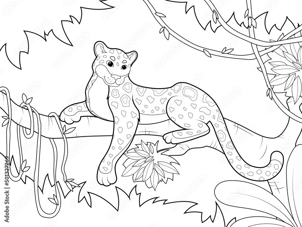 Africa, leopard sits on tree branch, around creeper. Childrens coloring, black lines, white background. Africa, leopard sits on tree branch, around creeper. Childrens coloring, black lines, white background.