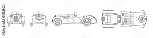 Sketch retro car. Hand drawn car front back top and side view. Vector image