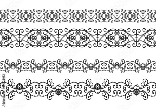 Black curls with gears, cogwheels and chains on a white. Seamless horizontal border for greeting card, packaging, wrapper, website, printing on fabric, textile, clothes, bags, tape and ribbon. Vector