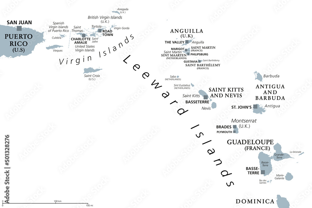 Leeward Islands, Gray Political Map. Part Of Lesser Antilles, North Of ...