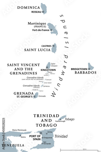 Windward Islands, gray political map. Islands of Lesser Antilles, south of Leeward Islands in the Caribbean Sea. From Dominica, Martinique, Saint Lucia, Saint Vincent and the Grenadines, to Grenada.