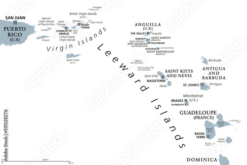 Leeward Islands, gray political map. Part of Lesser Antilles, north of Windward Islands in the Caribbean. Virgin Islands, Anguilla, St Kitts and Nevis, Antigua and Barbuda, Montserrat, and Guadeloupe.