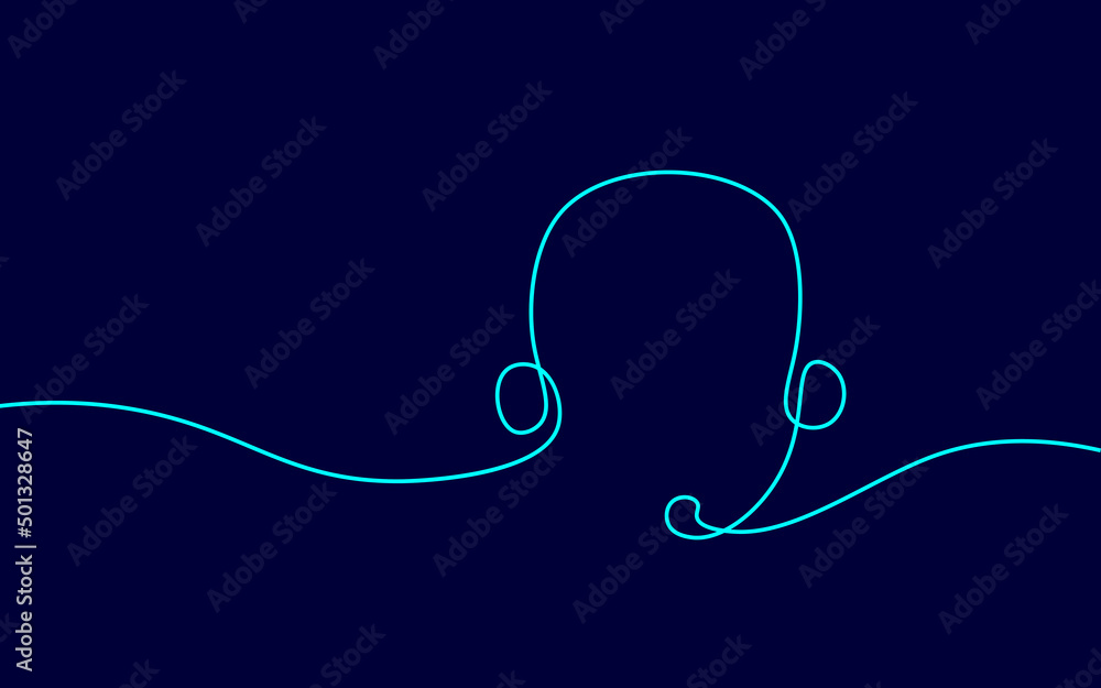 Obraz premium Continuous line headphone. Wire set one line call telephone hotline support service. Business assistance answer internet message vector illustration