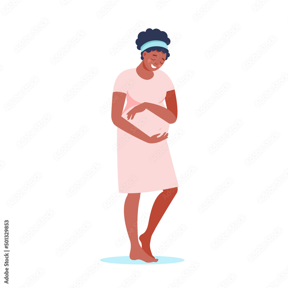 Happy smiling black woman pregnant holds her belly in pink dress isolated on white. Pregnancy and motherhood concept. Vector flat illustration. Design cute young pregnant woman poster, card, banner Happy smiling black woman pregnant holds her belly in pink dress isolated on white. Pregnancy and motherhood concept. Vector flat illustration. Design cute young pregnant woman poster, card, banner
